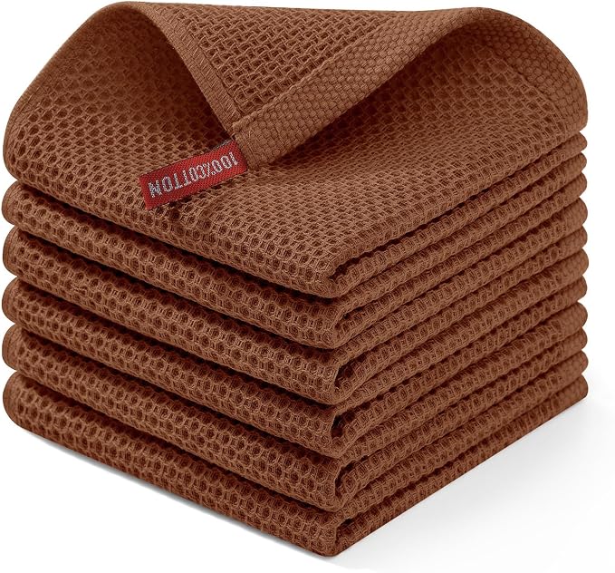 Homaxy 100% Cotton Waffle Weave Kitchen Dish Cloths 6-Pack, Caramel | 12 x 12 Inches, Ultra Soft Absorbent Dish Towels, Quick Drying Dish Rags with Hanging Loop