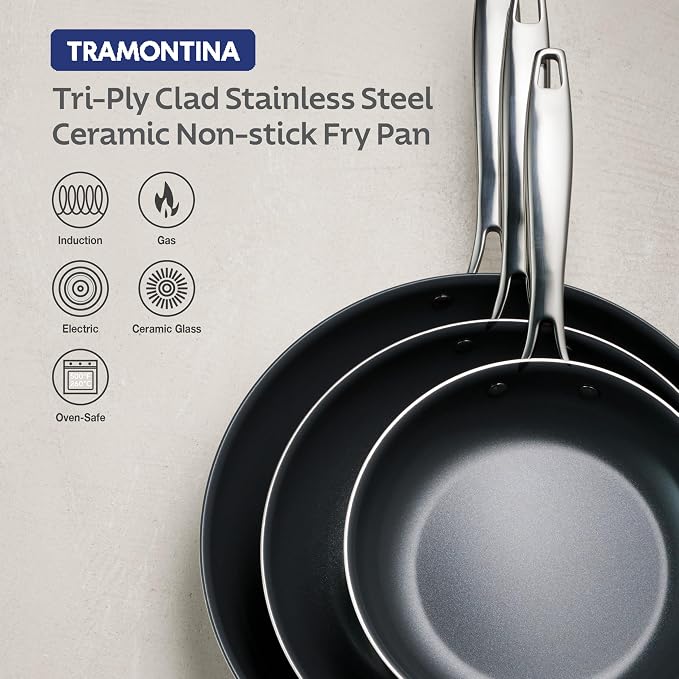 Tramontina Signature 12-Inch Tri-Ply Clad Stainless Steel Large Frying Pan | Ceramic Non Stick Interior, Induction-Ready Skillet, Oven-Safe
