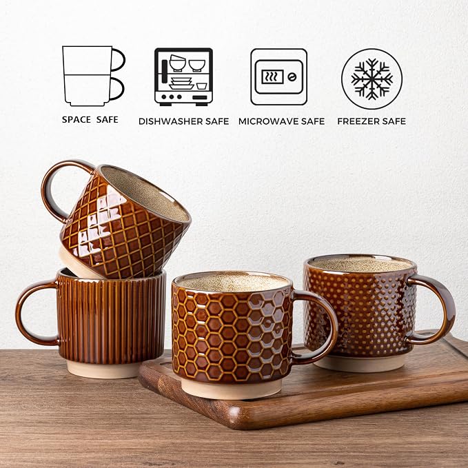 GBhome 6 OZ Stackable Coffee Mugs Set of 4, Ceramic Coffee Cups Set | 4 Assorted Designs, Embossed Mugs with Texture Patterns for Espresso/Tea, Dishwasher&Microwave Safe, Caramel