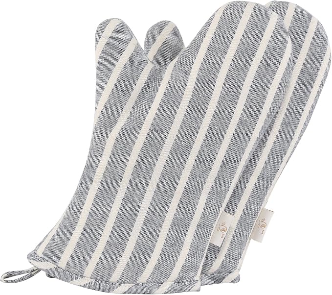 NEOVIVA Kitchen Oven Mitts for Kids,Heat Resistant Cotton Oven Gloves | Set of 2,for Cooking,Baking,Play Kitchen,Farmhouse Restaurant,Chalk Striped Wild Dove