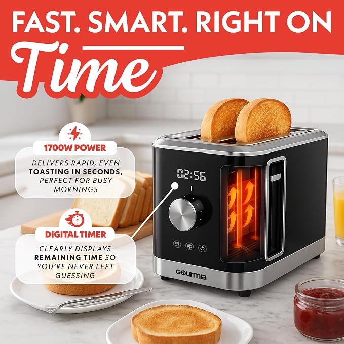 Gourmia 2 Slice Toaster – 6 Browning Levels with Bagel and Defrost Mode, One-Touch Toasting, Removable Crumb Tray, Extra Wide Slots, Compact Design, Black