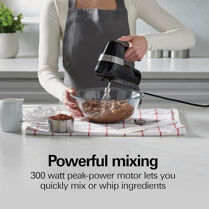 Hamilton Beach Electric Hand Mixer With 6 Speeds + Stir Button | 300 Watts of Peak Power for Powerful Mixing | Includes Whisk and Storage Clip | Black | 62628
