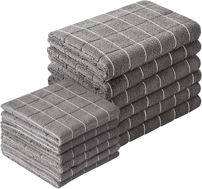 Puomue Microfiber Kitchen Towels and Dishcloths Set, 26 X 18 Inch and 12 X 12 Inch, Set of 12 Bulk Lint Free Dish Towels for Drying Dishes, Grey