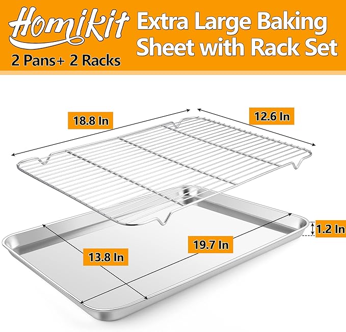 Homikit Large Baking Sheet with Wire Cooling Rack Set (2 Pans+2 Racks) | 20x14 Inch XL Stainless Steel Cookie Sheets & Cooling Racks, Big Metal Bacon Crisp Trays Non Toxic, Oven & Dishwasher Safe