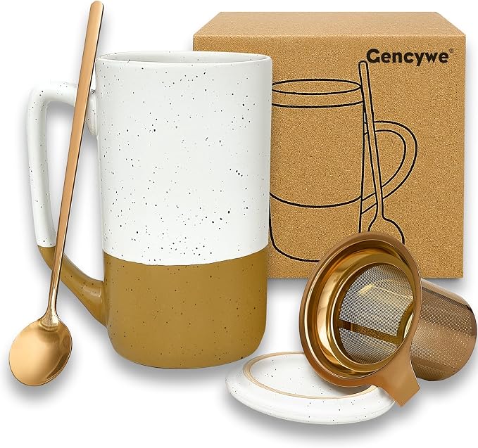 Gencywe Ceramics Large Tea Cup with Loose Leaf Infuser, Spoon and Lid, 16 oz Tall Coffee Mug, Microwave and Dishwasher Safe, Rustic Matte Ceramic Glaze, Tea Strainer, Amber