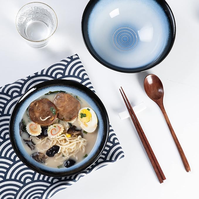 Ceramic Japanese Ramen Bowl Set, 2 Sets Asian Pho Udon Soup Noodle Bowls with Spoons and Chopsticks (Black/Blue, 8 inches)