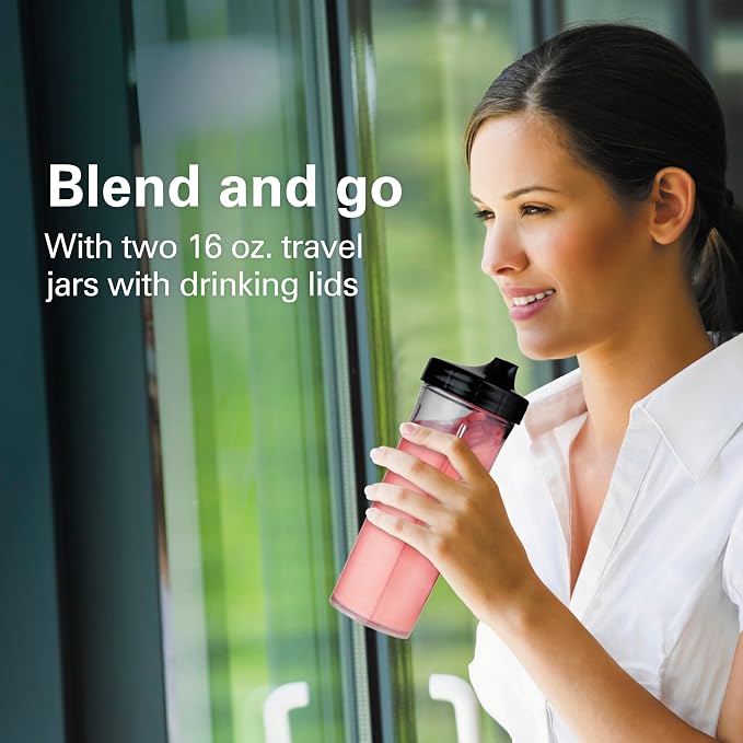 Hamilton Beach MultiBlend Blender for Smoothies with BPA Free 32 oz. Jar | 8oz Grinder for Nuts & Spices | 2 Portable Personal Blender Travel Cups | 650 Watts | Black and Stainless | 52400