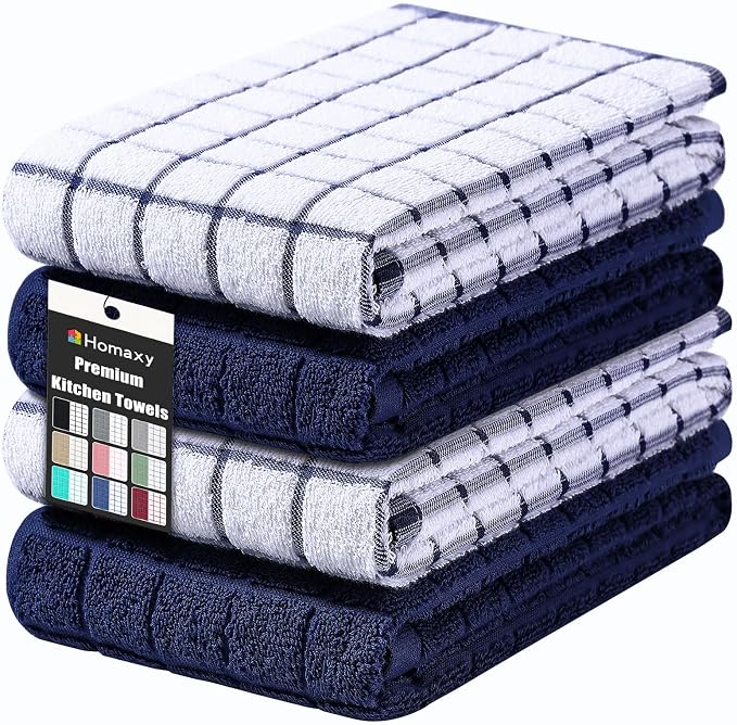 Homaxy Large Premium Cotton Kitchen Towels 16"x 28", 4 Pack, Dusty Blue | Natural Ring Spun 390 GSM Dish Towels, Super Absorbent Terry Kitchen Hand Towels, Soft Tea Towels with Hanging Loop