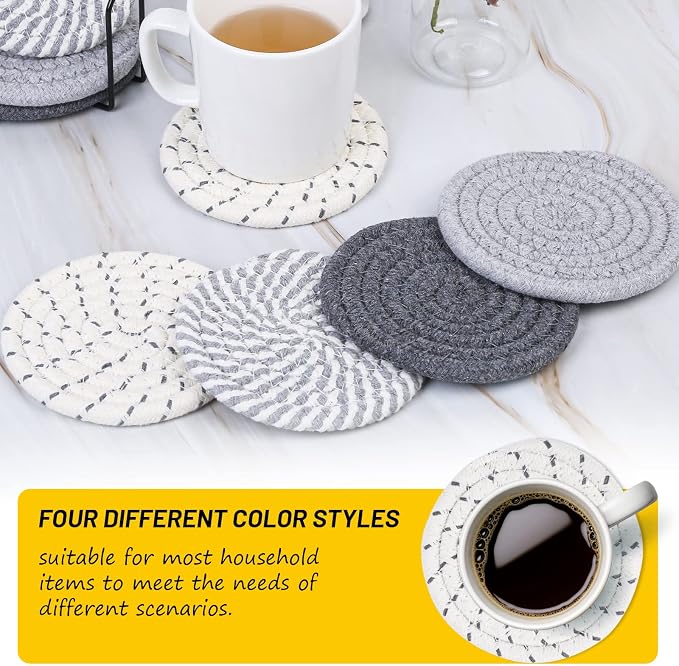 8 Pcs Drink Coasters with Holder, 4 Colors Absorbent Coasters, Minimalist Cotton Woven Coaster Set for Living Room Decor, Tabletop Protection Suitable for Kinds of Cups, 4.3 Inches