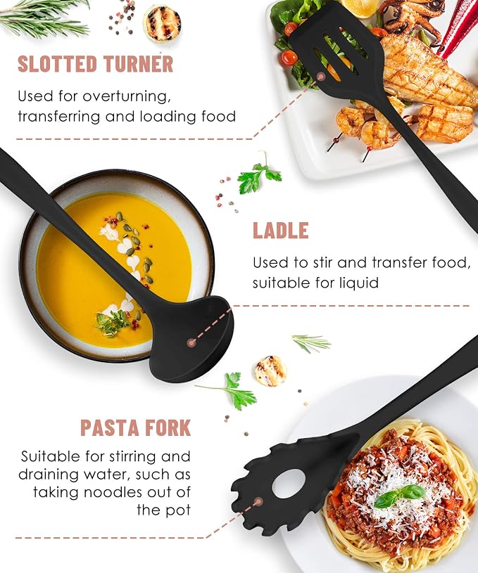 Black Kitchen Utensils Set-12 Pieces Silicone Cooking Utensils Set | Dishwasher Safe 392°F Heat Resistant Spatula Set Kitchen Utensil Set for Nonstick Cookware,Best Kitchen Tools with Holder