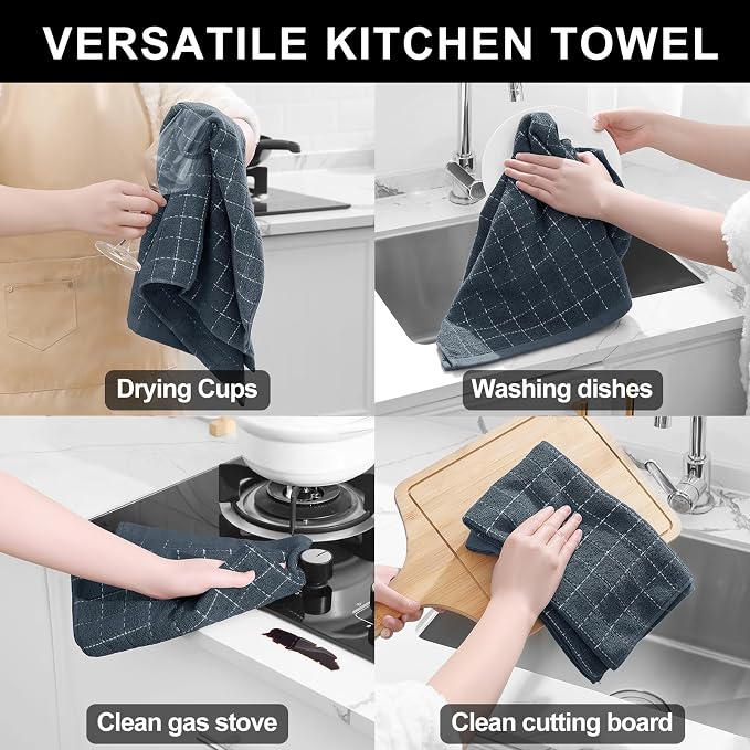 Homaxy Kitchen Towels and Dishcloths Set, Set of 10, Dark Grey | Bulk Cotton Terry Kitchen Towels, Checkered Designed, Soft and Super Absorbent Dish Towels, 12 x 12 and 13 x 28 Inches