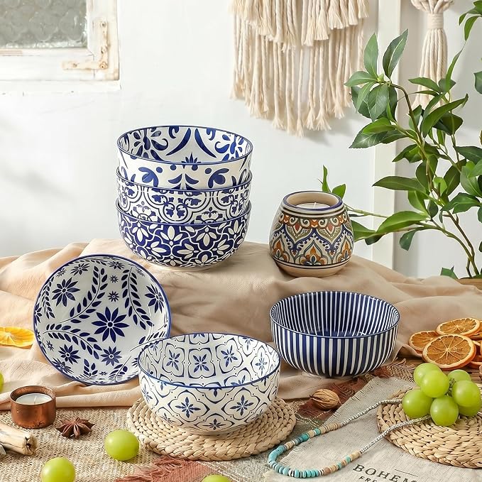 Cereal Bowls, 28 Ounce Ceramic Soup Bowls Set of 6, Large Bowl Set for Rice Salad Fruit Dessert Oatmeal Snack Ice Cream,Microwave & Dishwasher Safe, Blue & White