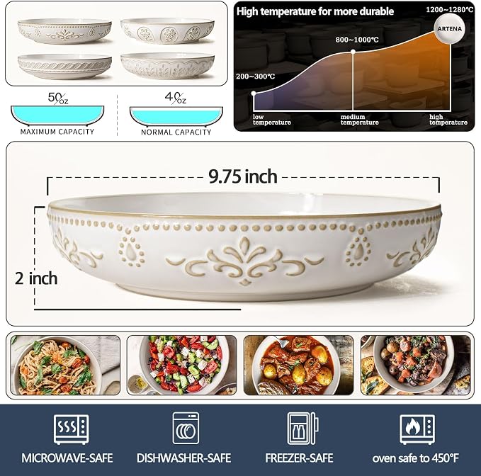 Pasta Bowls, 50oz Large Salad Serving Bowls, 9.75'' Plates Bowls Set of 4, Big White Ceramic Soup Bowls for Kitchen, Embossment Shallow Dinner Bowl, Microwave Dishwasher Safe, Multiple Patterns