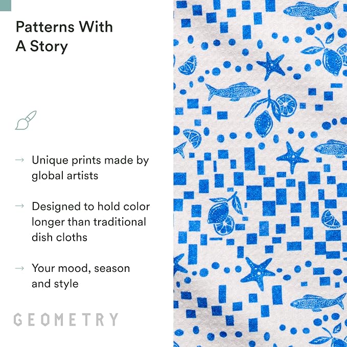 GEOMETRY Dishcloth – Spring & Summer Collection – Quick-Dry, Ultra-Absorbent, Reusable Microfiber Kitchen Towels for Drying & Cleaning - Santorini Tile - 3-Pieces