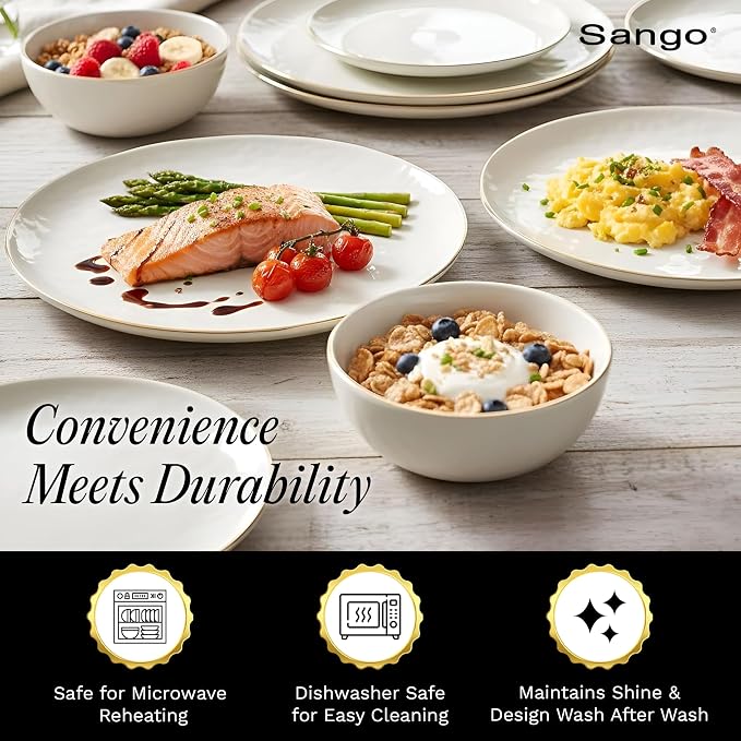 Sango 12-Piece Lightweight Porcelain Dinnerware Set for 4, Glossy Vanilla White Plates and Bowls Sets, Gold Rims, Farmhouse Ceramic Dish Set, Rustic Dishes, Microwave and Dishwasher Safe, Gansevoort