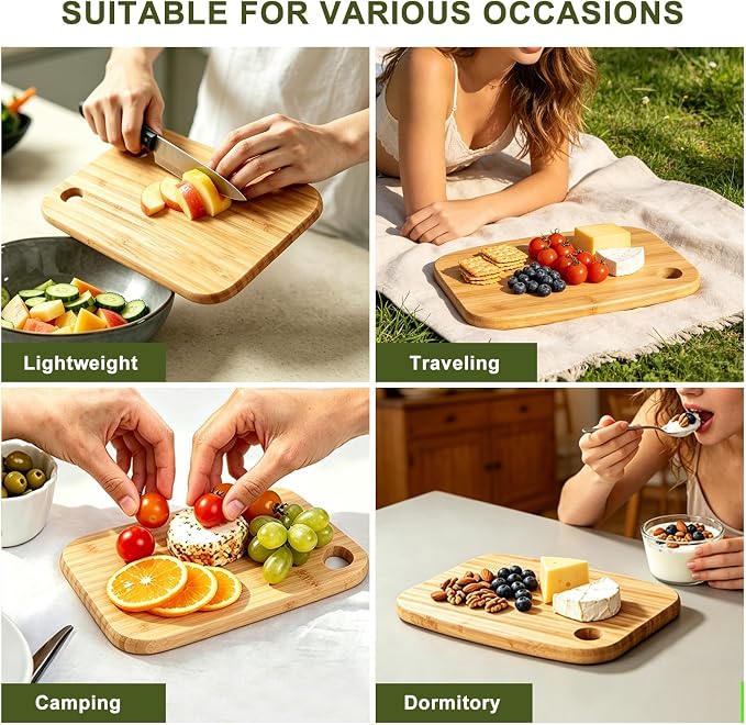 2 Pack Small Bamboo Cutting Boards Set for Kitchen with Hanging | Mini Bamboo Cutting Board Set of 2 for Vegetables, Fruit, Bread, Meat - BPA Free, 9" x 6.5"