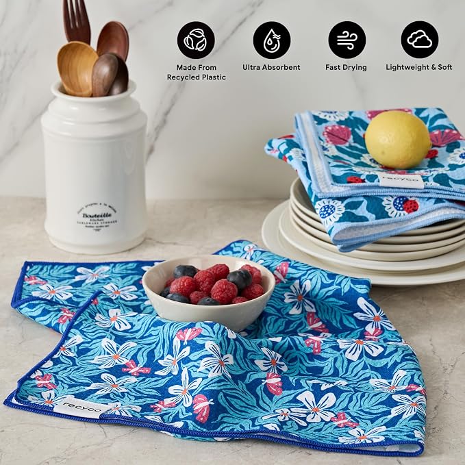 RECYCO Waffle Kitchen Towel Set of 2 - Quick Dry Microfiber Sustainable Dish Towels - Absorbent Reusable Cleaning Tea Towels - Lightweight Hand Towels,16”x 28”, Cloud Blue