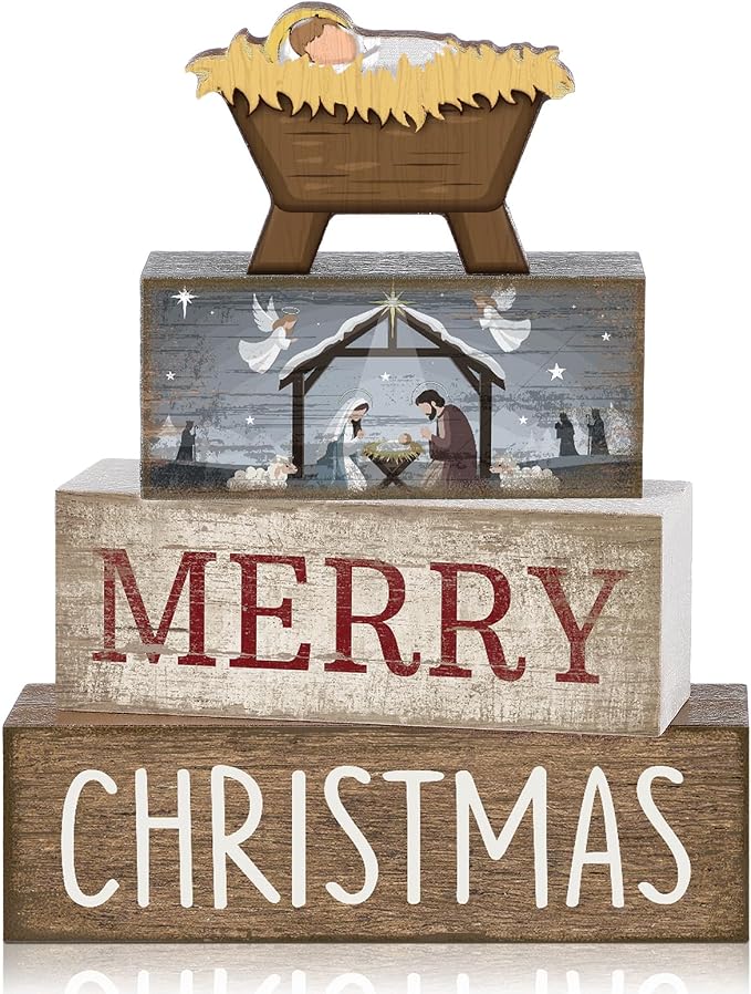 Lineshading 4 Pcs Nativity Christmas Wooden Block Signs Farmhouse Decor | Stackable Manger Scene Blocks for Tiered Tray Mantel, Rustic Farmhouse Tabletop Decorations, Birth of Jesus Holiday Gift
