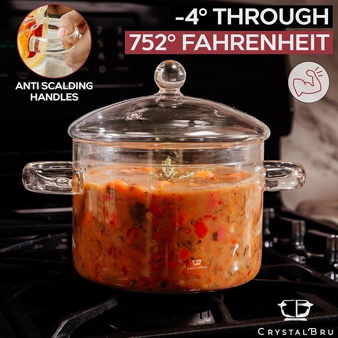 Crystalbru 2L Clear Glass Simmer Pot with Lid & Strainer | Heat-Resistant Borosilicate Glass Pot for Potpourri | Simmer Pot for Home Fragrance | Glass Pots for Cooking on Stove | Anti-Scald Handles