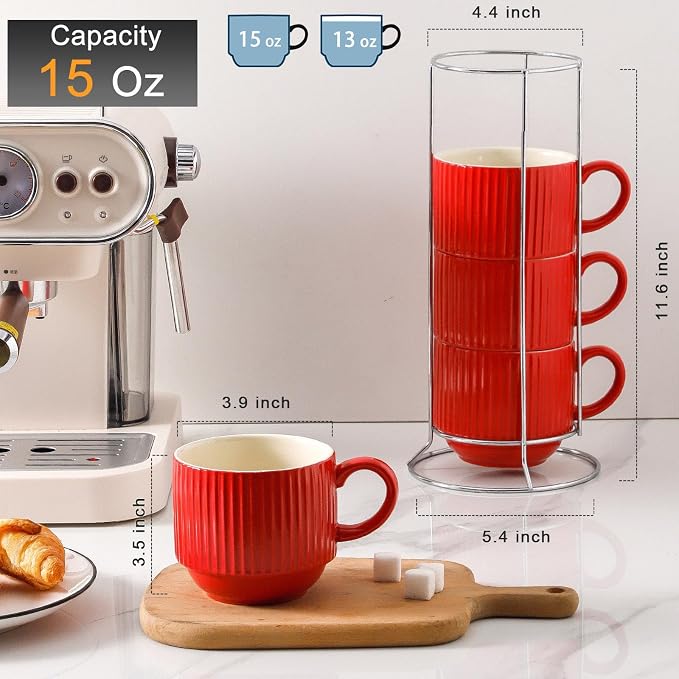 HASENSE Red Coffee Mugs, 15 oz Stackable Coffee Cups Set of 4 with Rack - Ceramic Large Ribbed Modern Latte Cup Set for Cappuccino, Tea, Hot Cocoa, Drinks - Dishwasher & Microwave Safe