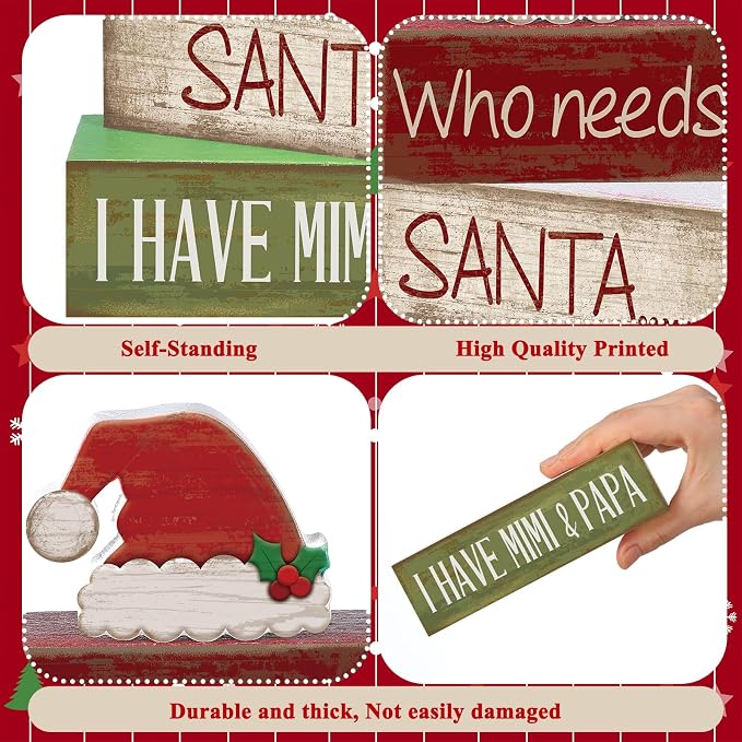 Lineshading 4 Pcs Christmas Wooden Signs Santa Hat Tiered Tray Decor | Farmhouse Style Distressed Wood, For Mantel Shelf Desk Holiday Decor, Grandparents Mimi Papa Themed Christmas Gift