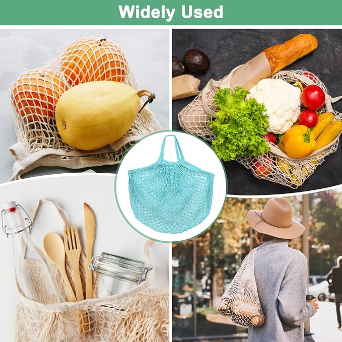 M METERXITY 2-Pack Cotton Mesh Bag, Reusable Washable Mesh Net String Grocery Bags, Reusable Produce Bags with Handle, Net Tote Bag for Fruits Shopping [Blue-Green, Long&Short Handle]