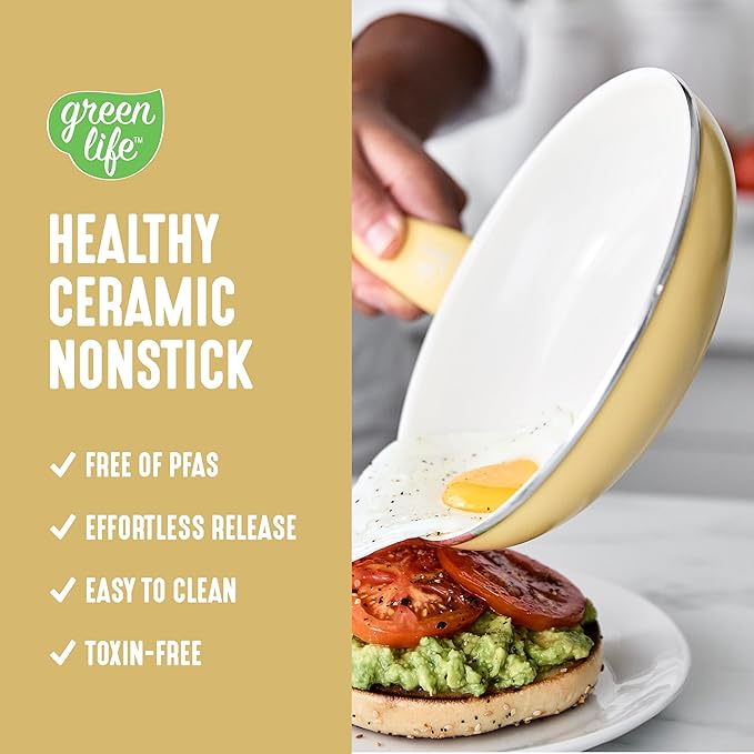 GreenLife 16 Piece Ceramic Nonstick Pots & Pans Cookware Set, Yellow | PFAS-Free Nonstick Coating, Stockpot, Frying Pans, Saucepans, Sauté Pan, Stay-Cool Handles, Dishwasher & Oven Safe up to 350F