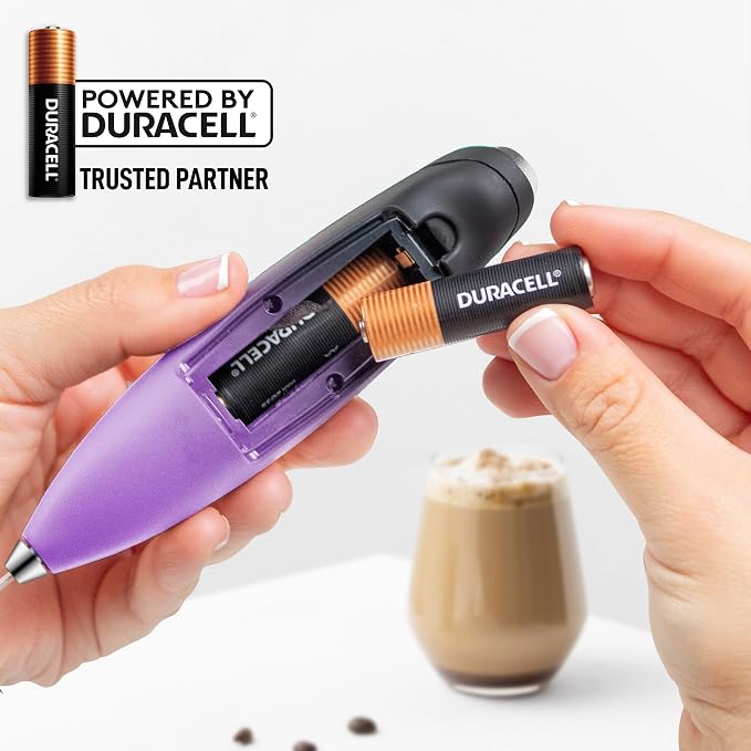 Zulay Kitchen Powerful Milk Frother Wand With Duracell Batteries - Ultra Fast Handheld Drink Mixer - Electric Whisk Foam Maker for Coffee, Lattes, Cappuccino & Matcha - Double Whisk - Black Purple