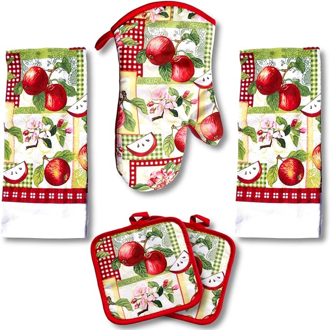 Red Apples on a Patchwork Quilt, 5 Piece Set | Kitchen Towel Set with 2 Decorative Dish Towels (25 X15), 1 Oven Mitt (11 X 7) and 2 Potholders (6.5 X 6.5)