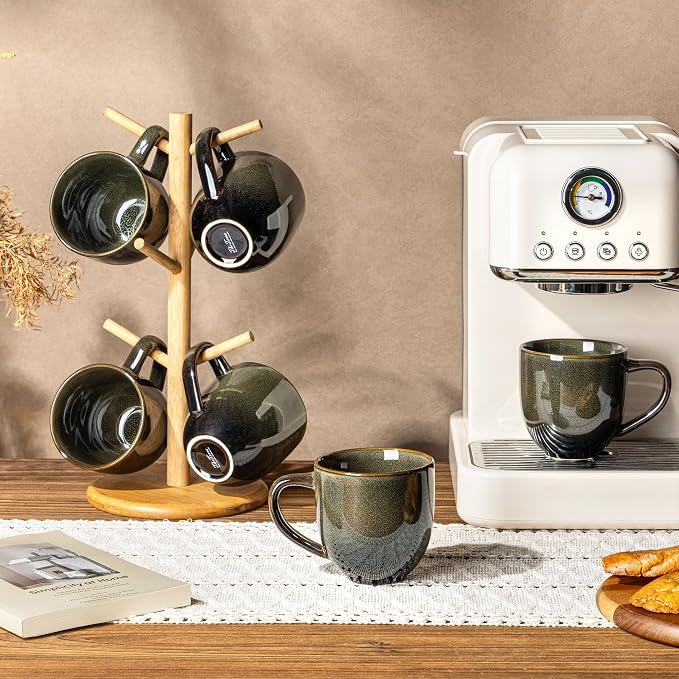 theterra Ceramic Coffee Mugs Set of 6, 12 oz Coffee Cups with Handle | Handmade, Suitable for Latte, Tea, Milk, Beer & Hot Cocoa, Olive Green