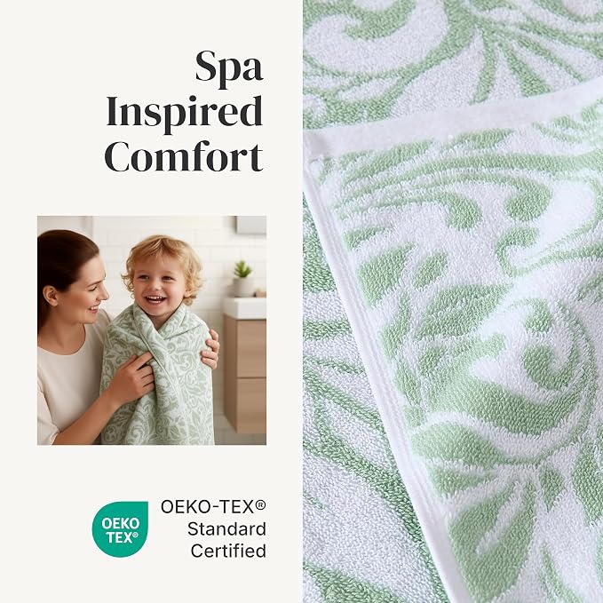 Modern Threads 6 Piece Bath Towel Set – Bathroom Set with 2 Bath Towels, 2 Hand Towels, and 2 Wash Cloths – 100% Cotton, Super Absorbent & Extra Soft – Reversible Botanical Vine (Sage Green)