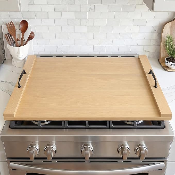 Noodle Board Stove Cover with Handles, 29.5 x 22 Inch, Natural Wood Color | Engineered Wood Cover for Electric, Gas and Glass Stove Tops, Raised Edge Serving Tray for Extra Counter Space
