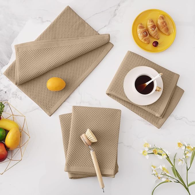 Homaxy 100% Cotton Oversized Waffle Weave Kitchen Towels 6-Pack, Tan | 20 x 28 Inches, Ultra Soft Absorbent Dish Towels, Quick Drying Large Cleaning Towels
