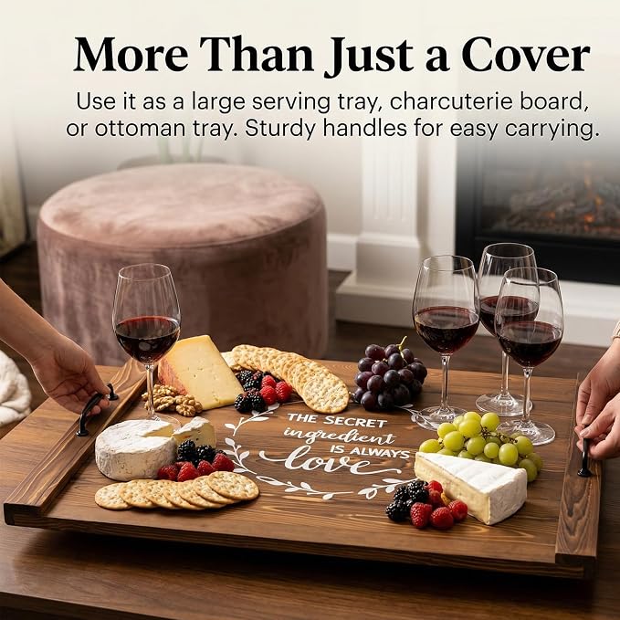 Noodle Board Stovetop Cover with Handles, Sink Wood Block Covers for Electric & Gas Stove, RV Stove Burner, Farmhouse Decorative Wooden Tray for Kitchen-The Secret Ingredient is Always Love