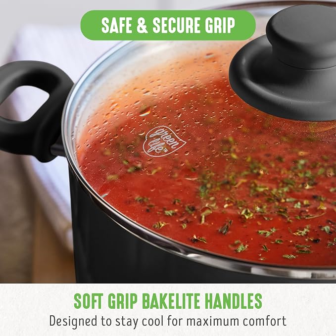 GreenLife 6QT Ceramic Nonstick Stockpot with Glass Straining Lid, Black | PFAS-Free Ceramic Nonstick Coating, Large Cooking Pot, Soup Pan, Stay-Cool Handles, Dishwasher & Oven Safe up to 350F