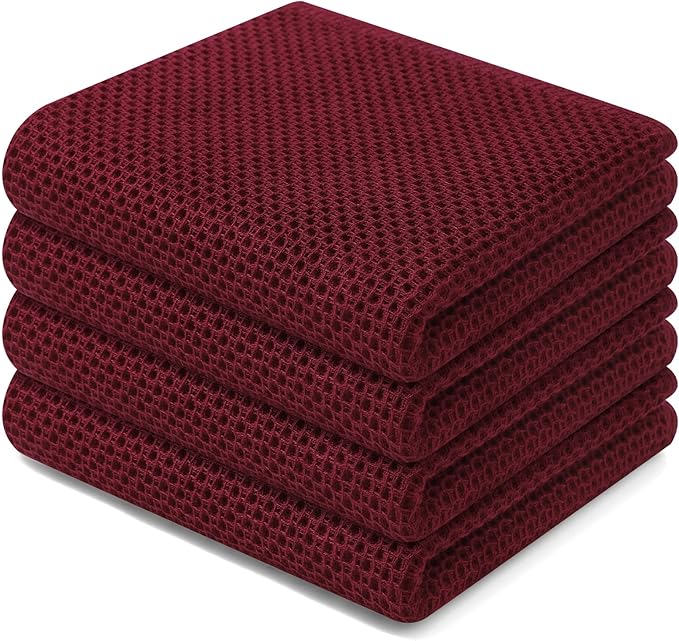 Homaxy 100% Cotton Waffle Weave Kitchen Dish Towels 4-Pack, Burgundy | 13 x 28 Inches, Ultra Soft Absorbent Dish Towels, Quick Drying Cleaning Towels