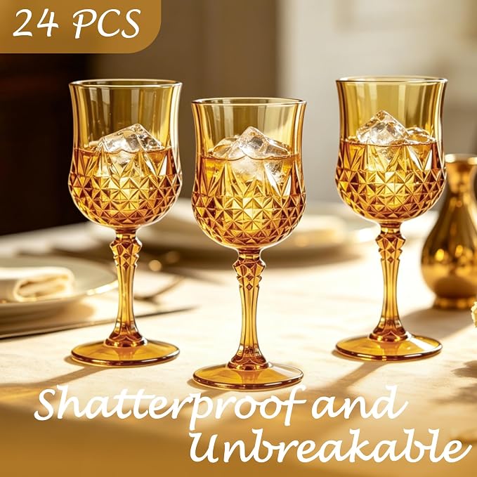 24Pack Plastic Wine Glasses, 7oz Vintage Goblets for Wedding | Unbreakable Crystal Style Reusable Stemware, Elegant Amber Drinking Glass for Party Anniversary & Holiday Celebration