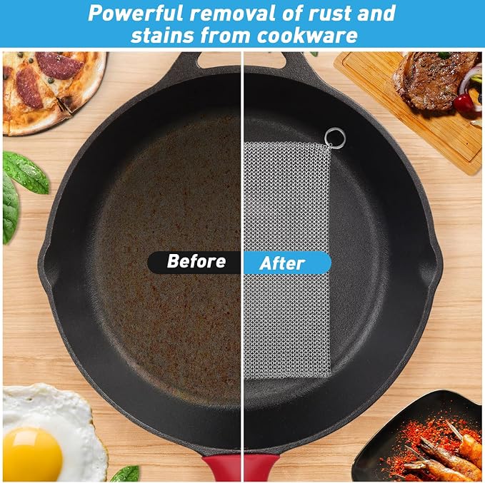 Cast Iron Cleaner and Chainmail Skillet Scrubber - Upgraded 3.8mm Small Ring, 316L Stainless Steel Fine Rings - Durable Scraper for Skillets, Pans, Griddles & Containers