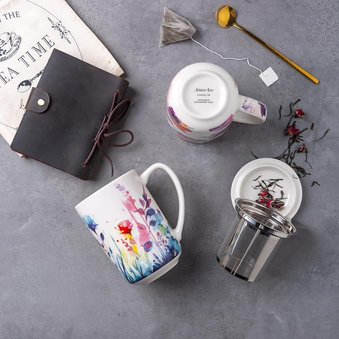 AmorArc Tea Cup With Infuser and Lid, 18oz Loose Leaf Tea Mug With Steeper | Porcelain Tea Mug With Infuser and Lid, Large Strainer Tea Cup with Lid for Tea, Coffee Mug for House-warming Birthday Gift