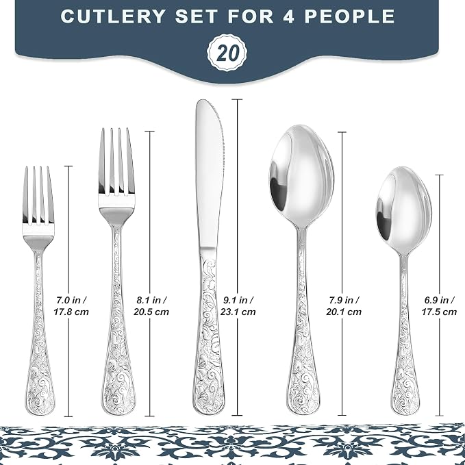 Runfly Vintage Carved Silver Stainless Steel 20-Piece Flatware Set | Silverware Set, Modern Embossed Cutlery Set Utensils Kitchen Including Fork Spoon and Knife