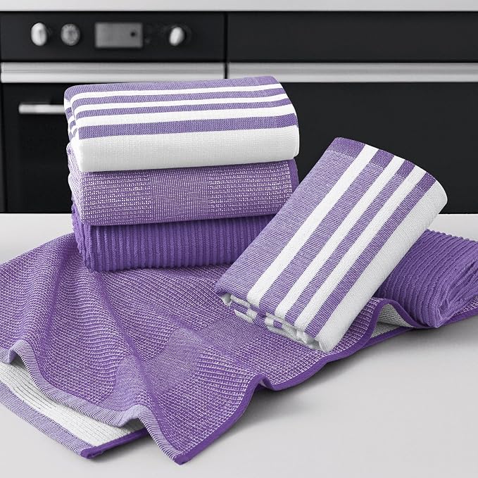 Homaxy Cotton 380 GSM Premium Kitchen Towels, 18"x 28", 9 Pack, Purple | Soft and Absorbent Terry Dish Towels, Multipurpose Tea Towel Set with Hanging Loop, 3 Styles Kitchen Hand Towels