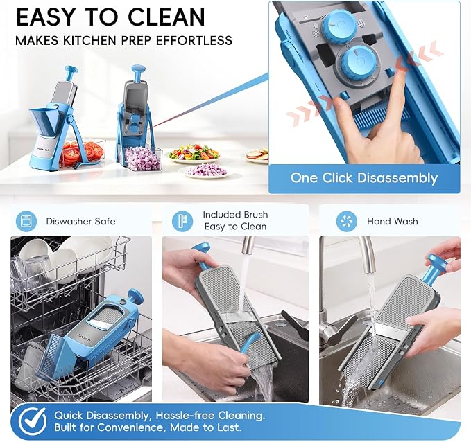 7-in-1 Safe Mandoline Slicer for Kitchen, Vegetable Slicer with Container | Adjustable 0.1-8mm Veggie Mandoline, French Fry Cutter, Potato/Tomato/Onion Slicer, Grater/Cleaning Brush (Blue)