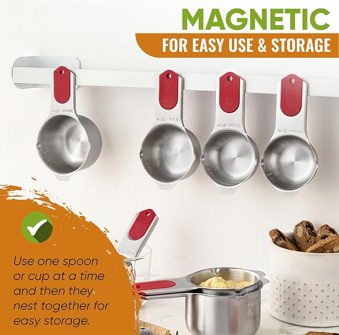 Spring Chef Magnetic Measuring Cups & Spoons Set of 15, Patented, Red | Stackable Stainless Steel Measuring Cups & Heavy Duty Metal Measuring Spoons with Levelers for Dry & Liquid Ingredients