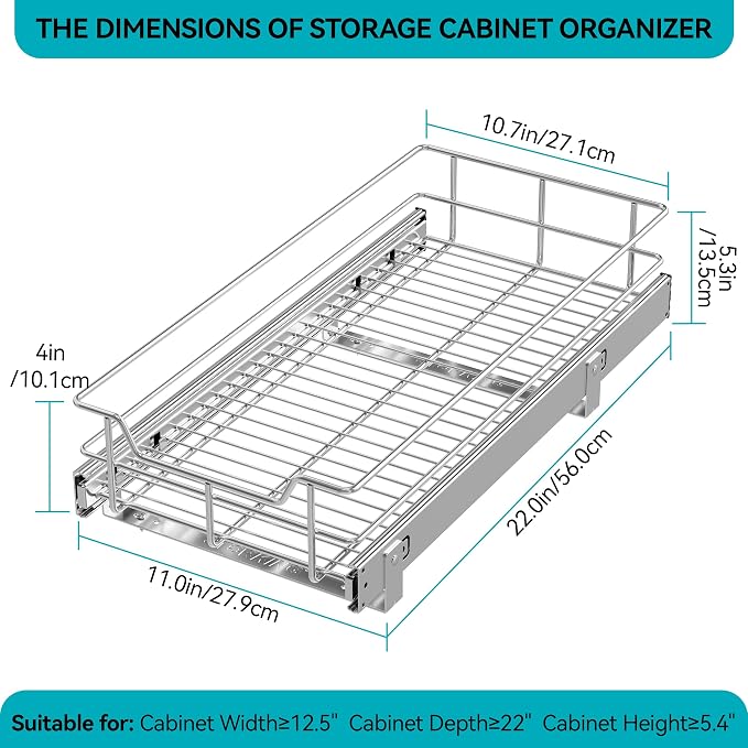 Pull Out Cabinet Organizer 11" W X 22" D, Chromed, Full Slide Out Drawers | For Kitchen Organizers and Storage, Pull Out Drawers For Cabinets Capacity Heavy Duty Caddy, Cabinet Shelves, Bathroom Pantry