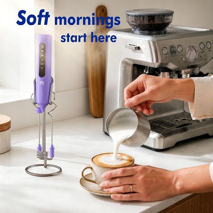 Rechargeable Milk Frother with Stand, 4 Interchangeable Whisks & Travel Case – Handheld Mixer for Lattes, Matcha, Hot Chocolate, Eggs & Protein Shakes