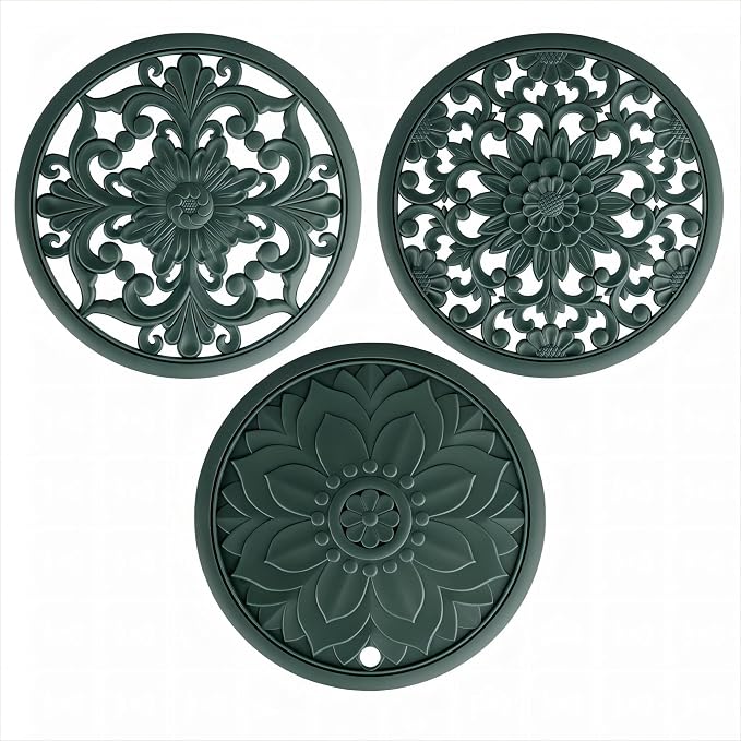 Silicone Trivets - Silicon Mats for Hot Pots and Pans, Multi-Use Carved Hot Pads, Flexible Modern Kitchen Table Mat, Heat Resistant Round Teapot Coaster Set of 3 Green