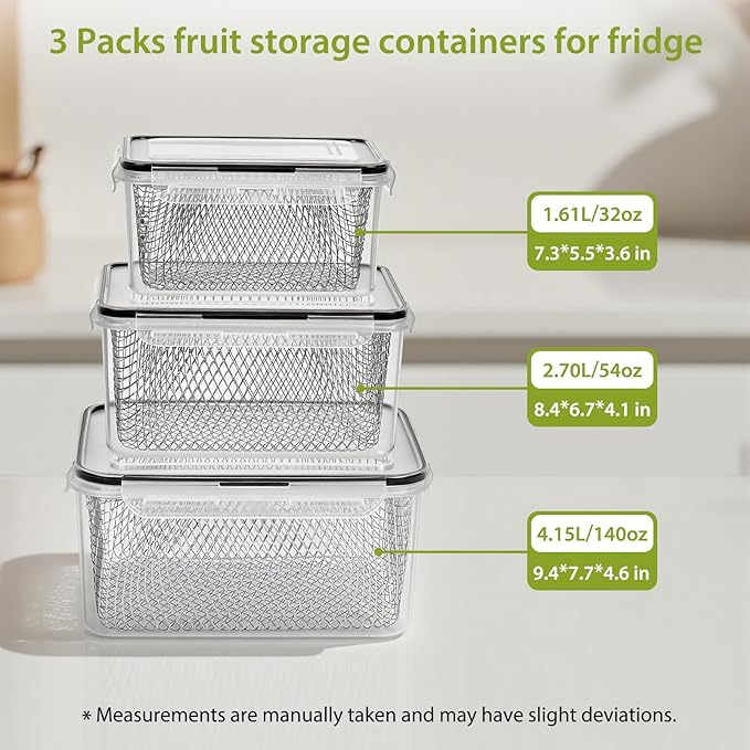3 PCS Large Fruit storage Containers for Fridge Food Storage Containers | with Removable Colander Leakproof Dishwasher & Microwave safe Produce Containers Keep Fruits Vegetables Berry Fresh longer