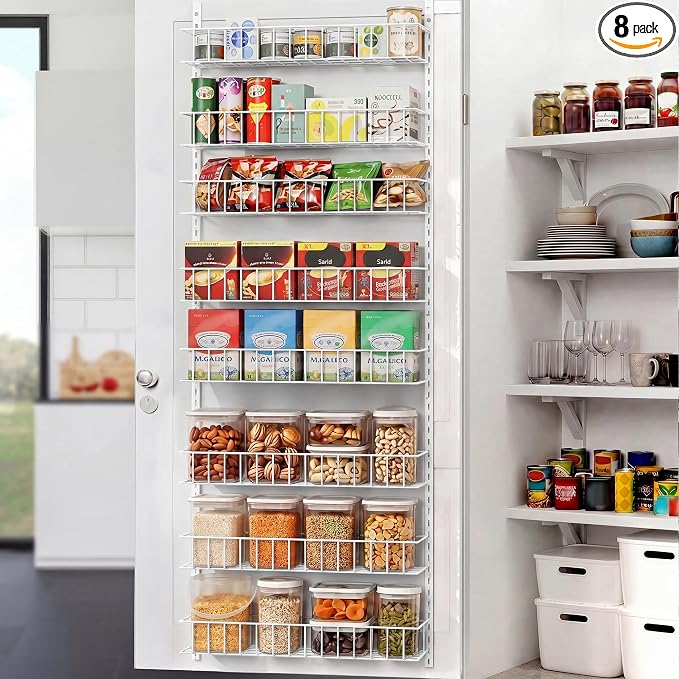 ElegantArray 8-Tier Pantry Door Organizer, White | Over The Door, Hanging Spice Rack Shelves, Kitchen & Bathroom Storage, Home Office & Laundry Room