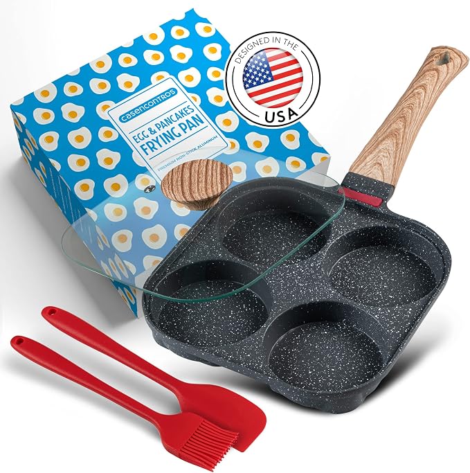 Egg Pan with flipping Lid - Nonstick Egg Frying Pan [4 Cup Cooker] - Egg Pans Nonstick for Induction & Gas Cooker - Brush & Scraper included - Egg Skillet for perfect Eggs, Omelet & Crepe