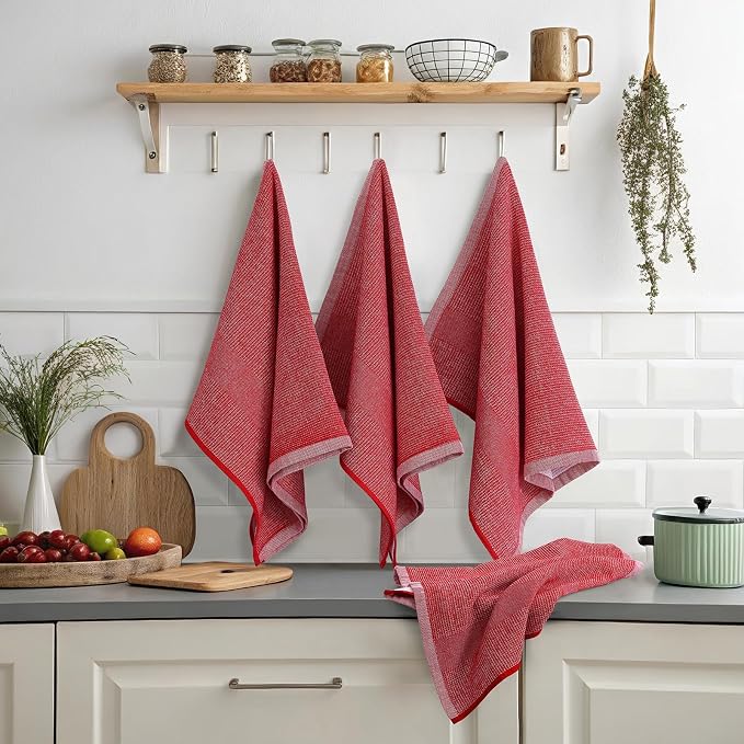 Mordimy Premium Large Cotton Kitchen Towels (18"x 28", 3 Pack), Red | 100% Ring Spun Cotton, Super Absorbent, 380 GSM, Flat & Terry, Soft, Hanging Loop Dish Towels